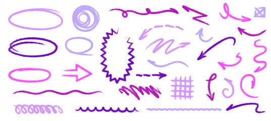 Hot pink ink brush arrows and oval sketch shapes with strong texture for energetic layouts and attention cues
