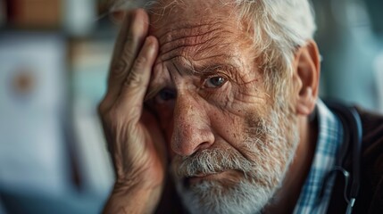 Concerned senior man touching forehead with medical chart, symbolizing health checkup and stroke risk awareness, elderly healthcare and medical examination concept.
