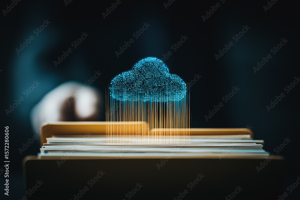 Poster cloud storage and data security: a digital cloud hovers above a file, symbolizing data security and 