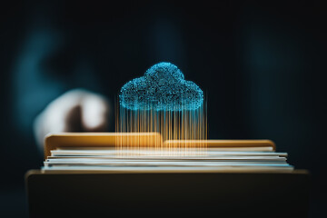 Cloud Storage and Data Security: A digital cloud hovers above a file, symbolizing data security and the secure storage of information in the digital age. Capturing a modern approach to archiving.