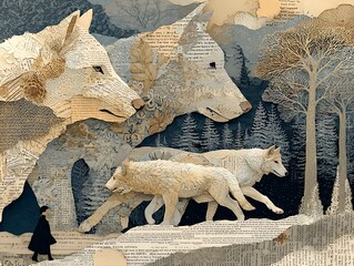 Collage-style forest scene with child and five wolf cubs, handmade textures