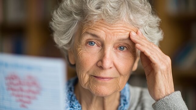 Concerned senior man touching forehead with medical chart, symbolizing health checkup and stroke risk awareness, elderly healthcare and medical examination concept.