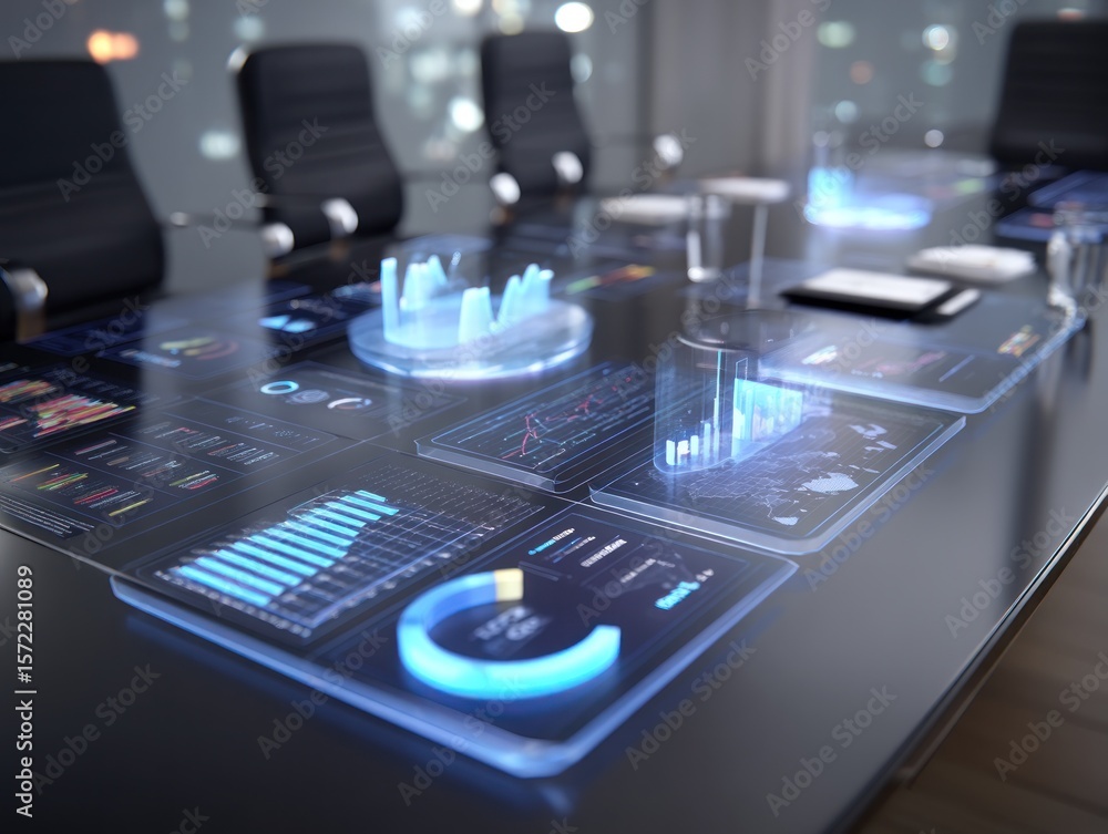 Poster interactive conference table with data visualization displays