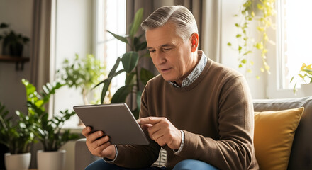 Senior person using tablet technology indoors naturally