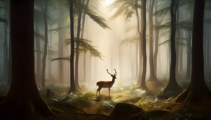 A graceful deer standing in a misty forest during early morning hours.
