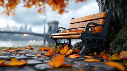 Empty bench placed under a tree, leaves scattered around.