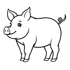 Cute pig illustration in black and white coloring book style. Standing pig with happy expression in a simple, cartoonish pose against a plain white background.