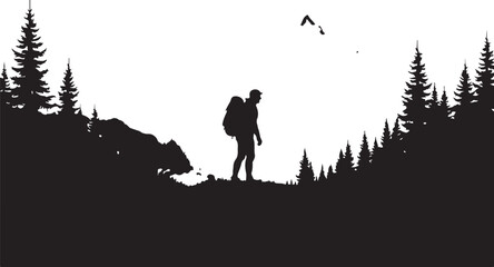 Obraz premium Into the Wild: Lone Hiker's Journey Through Pine Forest Valley