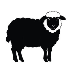Obraz premium Black and white silhouette of a sheep facing forward in a simple farm setting. Simple, stylized sheep silhouette against a plain white background.