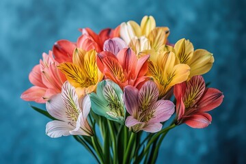 Naklejka premium Beautiful bouquet of colorful alstroemeria flowers against a blue backdrop. Use this striking floral image for spring, summer, or nature design needs.