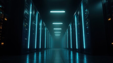 Server room with teal neon lighting