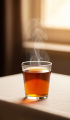 Beautiful close-up of hot tea with steam rising above in glass mug on soft linen