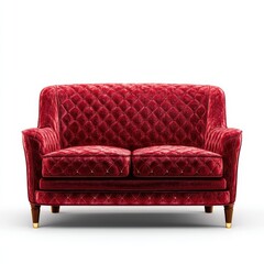 Luxurious red velvet tufted sofa with gold accents isolated on white background