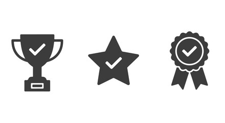 Verified Achievement and Quality Award Icons Set.  Set of three dark grey icons: trophy, star, and award ribbon, all with checkmarks. Symbolizes verified achievement, quality, and excellence.