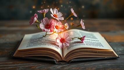 Antique book with blooms rising holographically from pages
