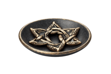 Gold Celtic Knot Star in Black Dish; Isolated on Transparent PNG