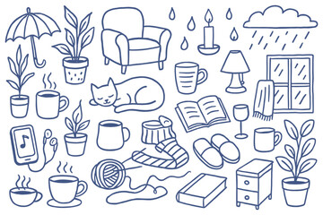 Hand drawn cozy home elements vector doodle illustration of warm atmosphere scene with cat and
