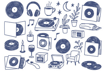 Cozy music listening atmosphere with vinyl records and warm beverages in a doodle style illustration