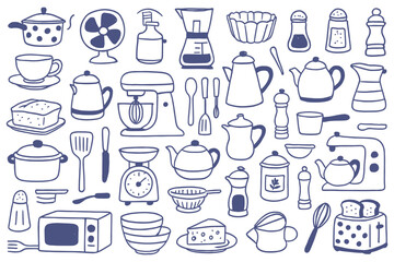 Seamless kitchenware pattern with hand drawn cooking tools and appliances design elements isolated