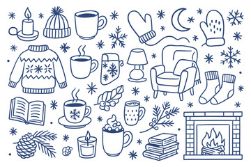 Cozy winter doodles hand drawn vector set with warm sweater and fireplace season holiday elements