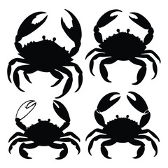 Crab silhouettes in various poses on a white background. Four different crab silhouettes, displaying a variety of crab positions, against a plain white background.