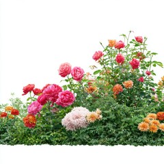 Abundant blooming garden flowers including roses and dahlias isolated on white background