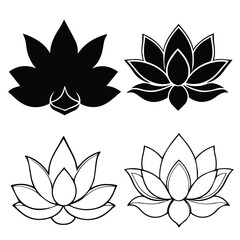 Lotus flower designs in black and white, symbolic and decorative. Four lotus flower images in various black and white designs, perfect for logo design, print, or digital media.