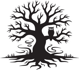 Haunted Tree With Owl Halloween Silhouette Vector