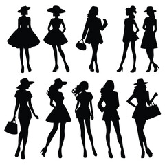Silhouette collection of fashionable women in various poses and outfits. Collection of diverse female models in various attire and poses, set against a plain background.