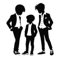 Three young boys in formal wear standing in a group. Silhouettes of children in suits, posing casually, against a white background.