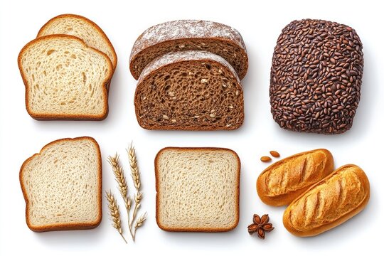 Various breads, including white, brown, and seed-covered loaf, are featured. Showcase bakery items for recipe illustrations or food product advertisements.