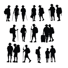 Hikers in various poses and ages in casual hiking attire outdoors. Diverse group of hikers in different stages of travel with trekking poles and luggage.