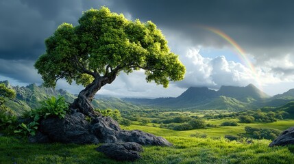 Rainbow arches over a lush valley, with vibrant colors standing out against the dark clouds.
