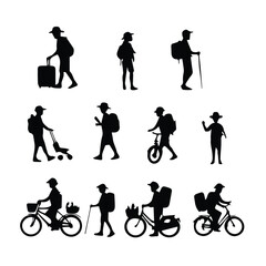 Silhouette of diverse travelers in various activities. Adventurous individuals engaging in outdoor exploration and transportation methods.