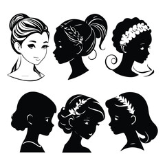 Silhouette profile portraits of diverse girls in various hairstyles with floral headbands. Collection of stylized feminine headshots for use in design, illustrations, or marketing.