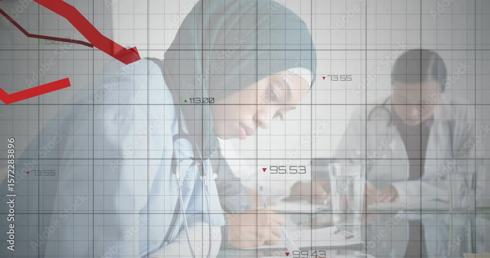 Aufkleber medical team writing notes as grid overlay fading in displaying red graphs tracking patient metrics