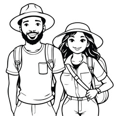 African American and Asian woman hikers standing together in the outdoors. Smiling and carrying backpacks with a friendly pose against a plain white background.