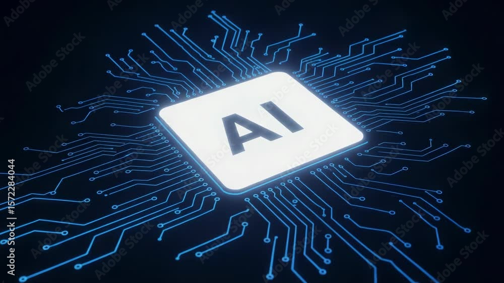 Poster artificial intelligence chip with glowing circuits represents the future of technology