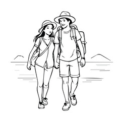 Young couple on a hike holding hands with backpacks, walking along a shoreline. Adventurous tourists enjoying a scenic coastal landscape. Young professionals on a nature trip.
