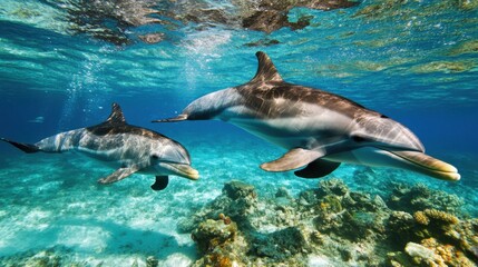 Fototapeta premium Dolphins approach divers, showing curiosity and friendliness 