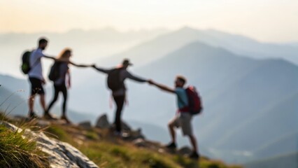 Obraz premium Blurred background of friends forming chain on mountain ridge in team harmony 