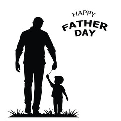 Silhouette of a father and son walking together on Father's Day in a grassy area. Adult male and young child holding hands, showing love and support.
