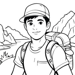 Young male hiker in a cap and t-shirt, smiling and carrying a backpack, against a backdrop of mountains and a body of water. Adventurous teen in nature, enjoying a hike with a mountain landscape.
