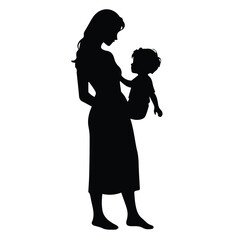 Female adult holding child in silhouette, casual dress/no shoes, standing, candid pose on white background. Mother and child indoors. Silhouette of a mother and child.