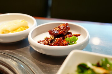 Korean BBQ with Raw Beef Short Ribs Grilled on Charcoal at Local Galbi Restaurant