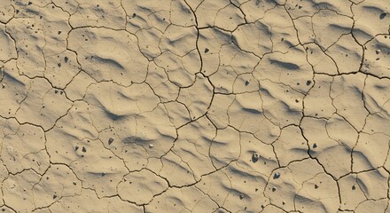 Dried cracked earth surface with scattered pebbles and subtle ripples