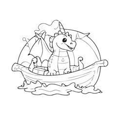 Cute dragon character in a small boat on water. Adorable dragon sits serenely in a rowboat with waves in the background. Childrens coloring book character. Fantasy coloring page -
