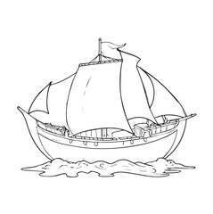 Medieval sailing ship illustration in a simple line drawing style. Vessel afloat on water with detailed hull and sail.