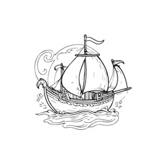 Historical ship illustration with vintage design on a white background. A detailed depiction of a sailing vessel afloat on water with decorative swirling design elements.