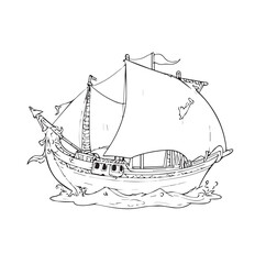 Medieval sailing ship illustration in black and white, stationary on water. Detailed sketch of a historic vessel with ornate dragon-like bowsprit and multiple cabins.